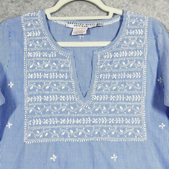 Gretchen Scott Top‎ Womens Medium Embroidered Tunic Popover Blue Stripe Coastal - Picture 2 of 14
